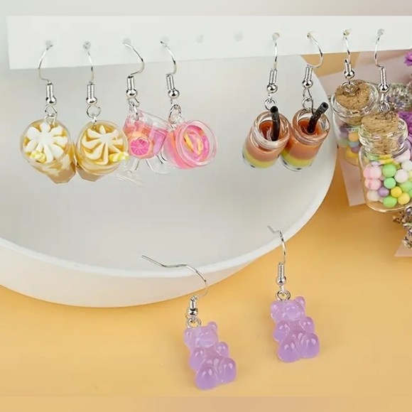 5 pairs of  Cute, Funny ,Milk Tea, Ice Cream, Bear, Candy Bottle Drop Earrings - Picture 3 of 7